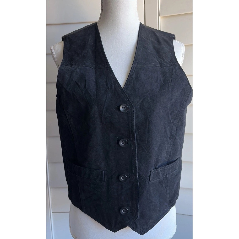 VTG Black Suede Leather Vest M L 80s 90s Y2K Western Moto Biker Rock Festival